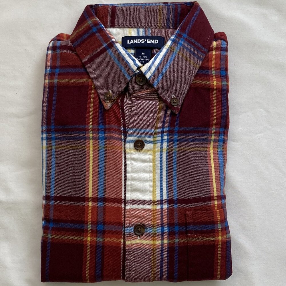 Lands' End Flagship Flannel shirt in red, blue, yellow, white plaid (NEW)